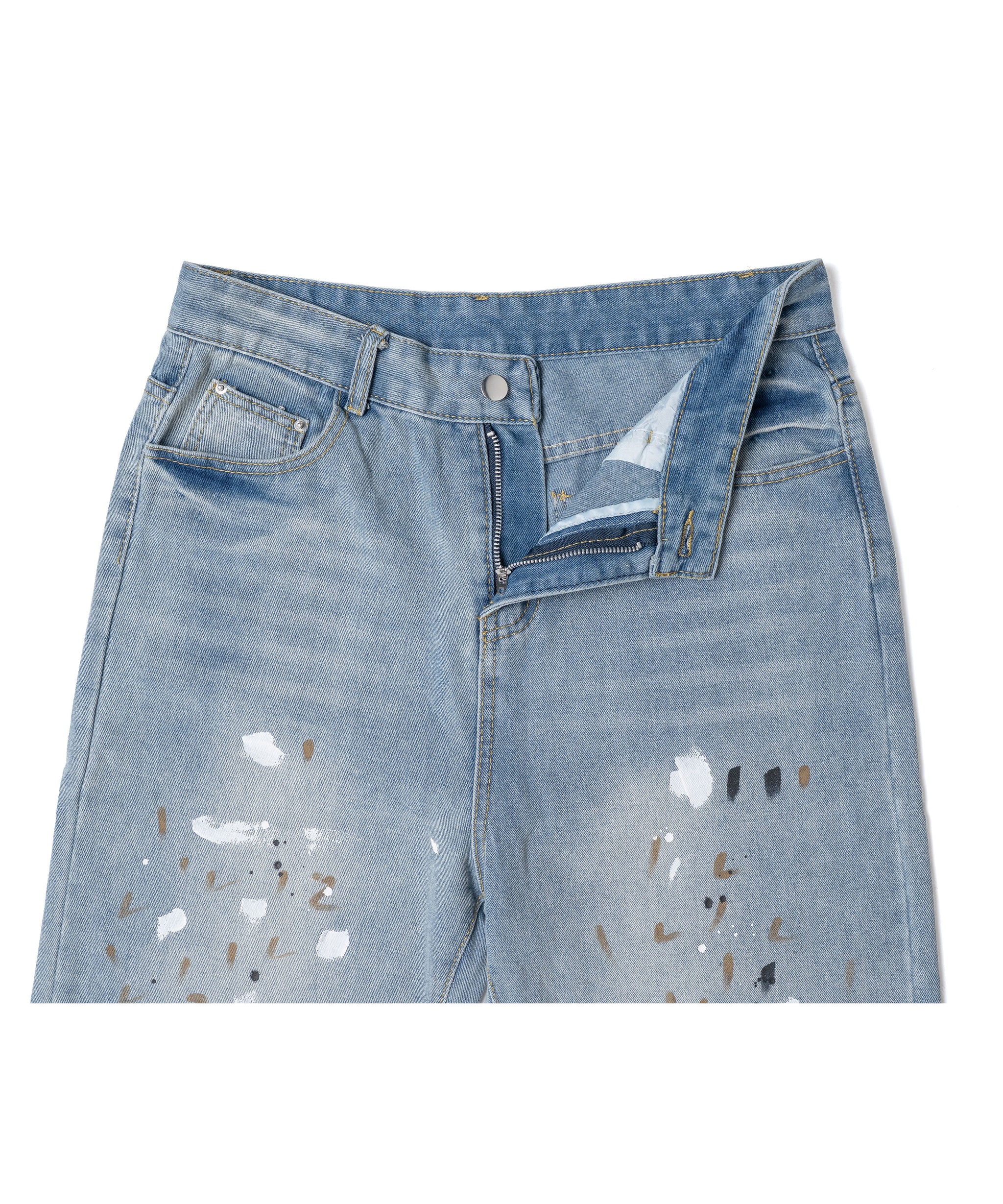 Wide Paint Denim Pants Washed Blue – 446 - DOUBLE FOUR SIX -
