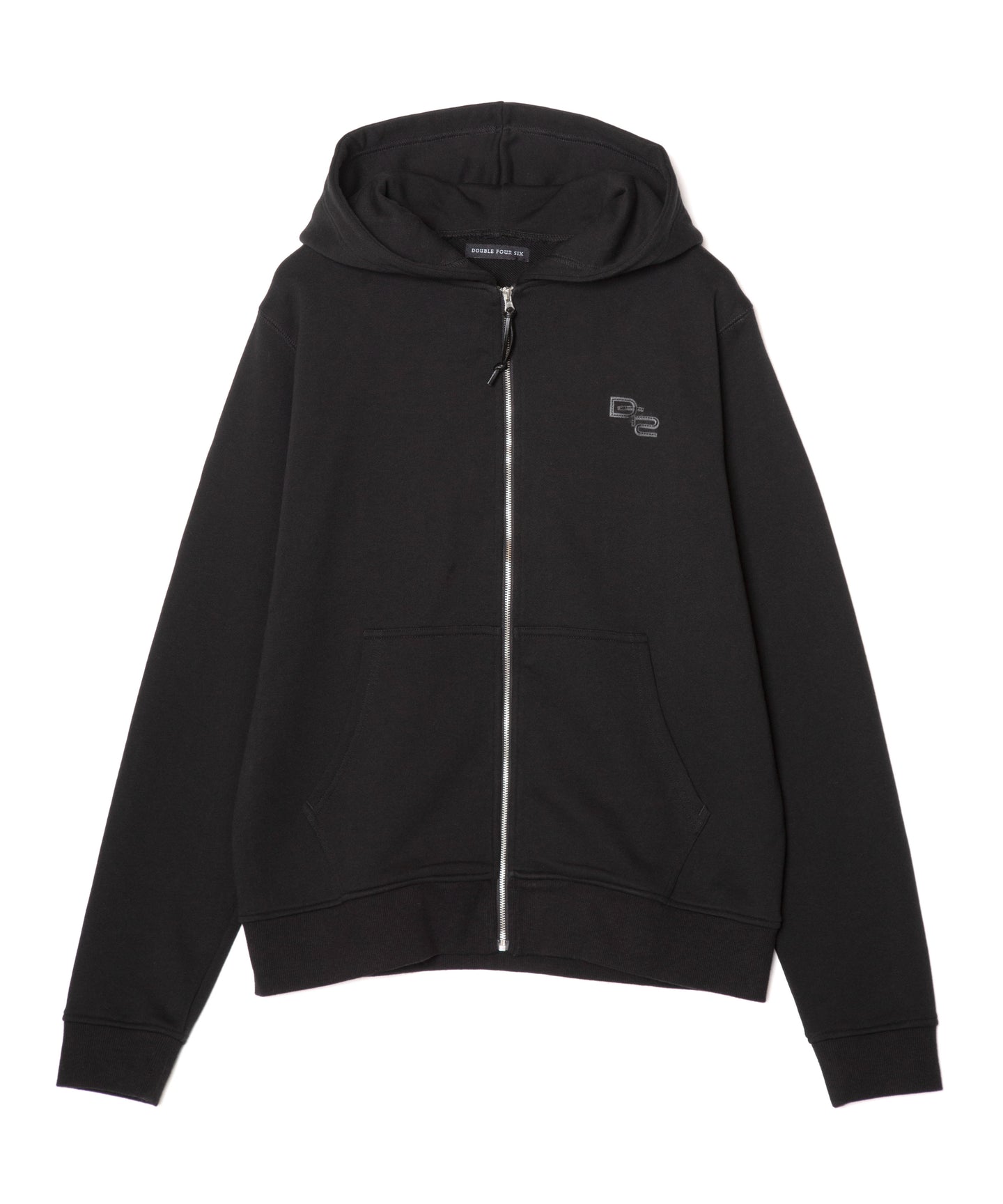 DOUBLE FOUR SIX- Leather Emblem Zip Up Hoodie Black