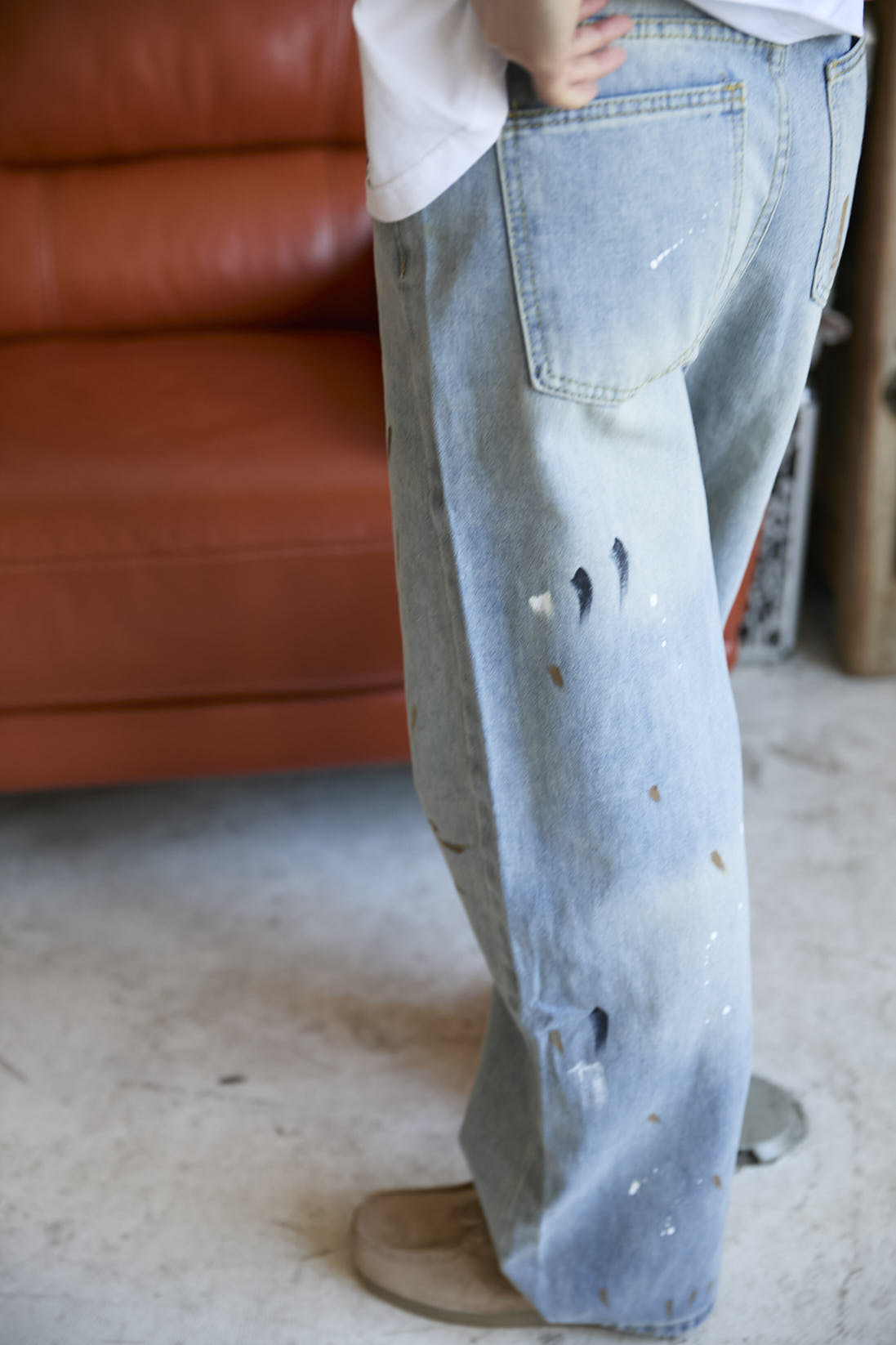 Wide Paint Denim Pants Washed Blue – 446 - DOUBLE FOUR SIX -