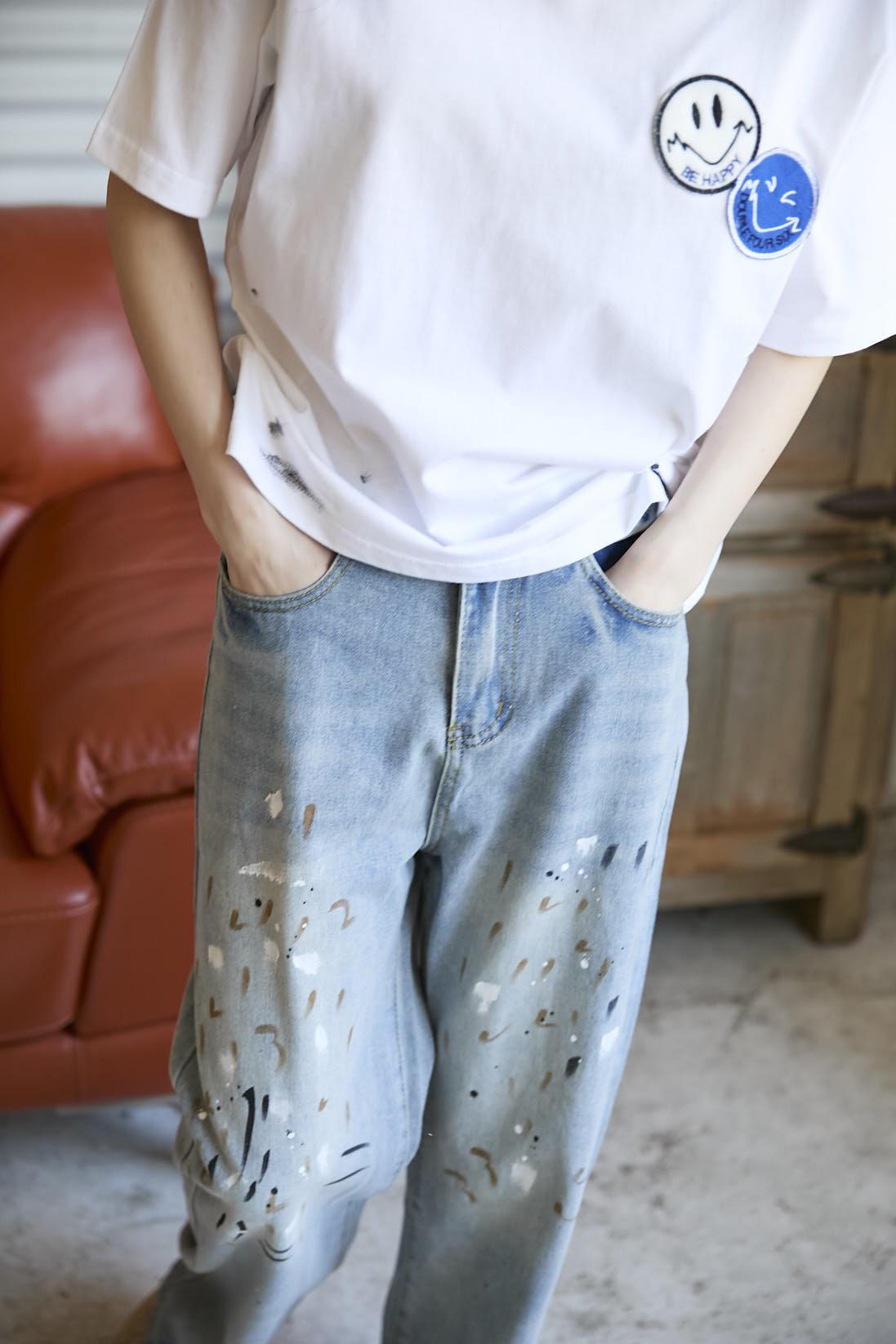 Wide Paint Denim Pants Washed Blue – 446 - DOUBLE FOUR SIX -