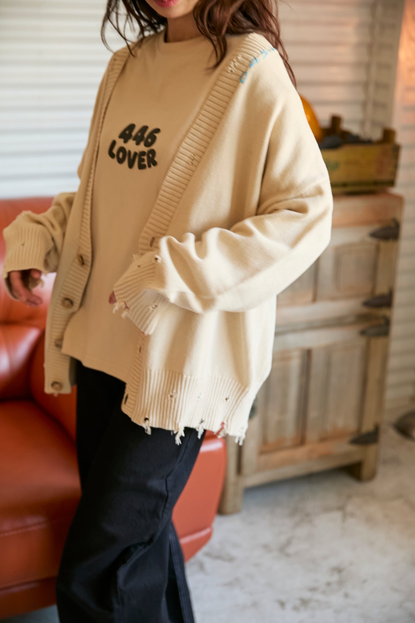 446- Logo Stitch Cardigan Beige – 446 - DOUBLE FOUR SIX -