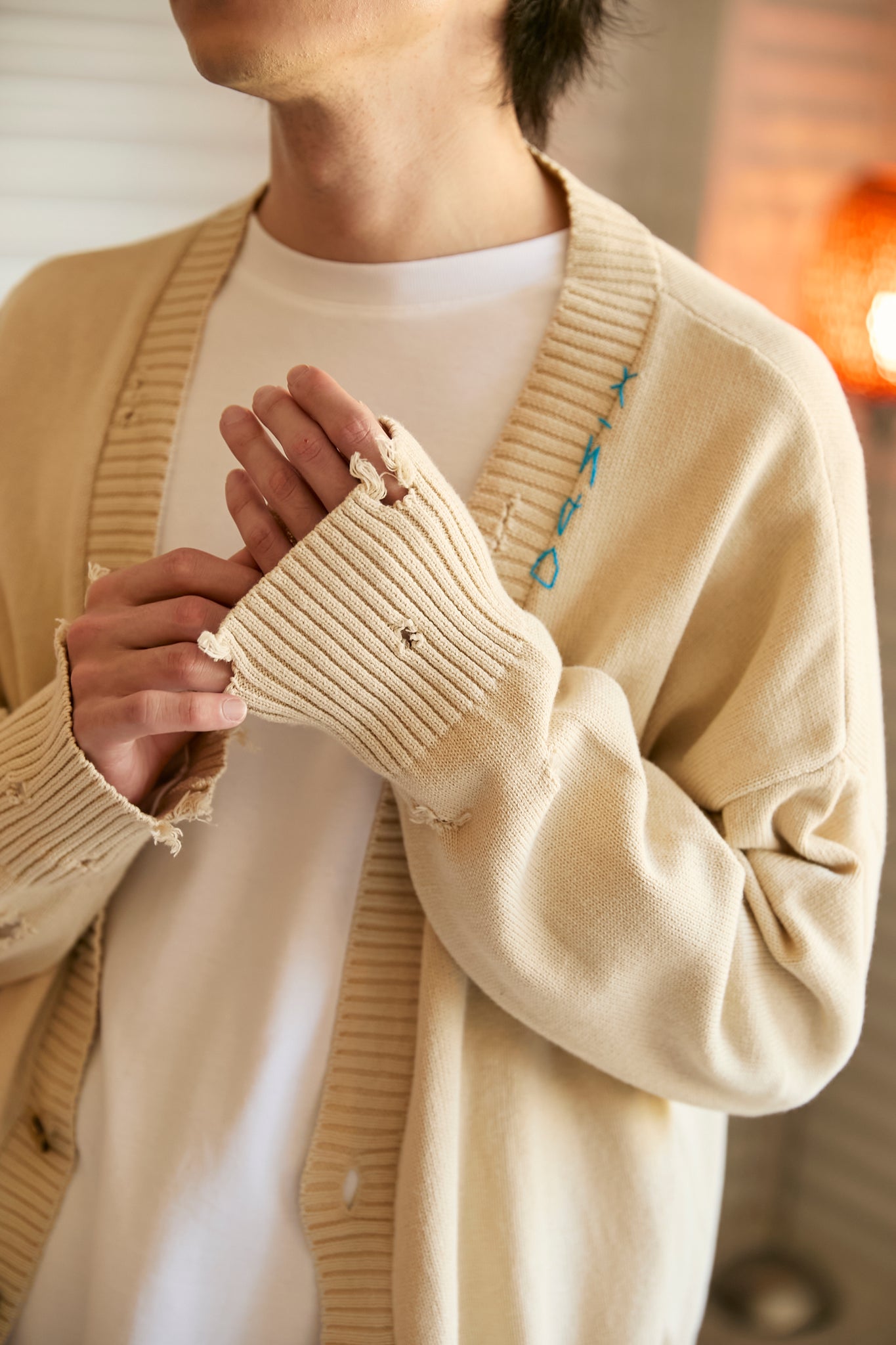 446- Logo Stitch Cardigan Beige – 446 - DOUBLE FOUR SIX -