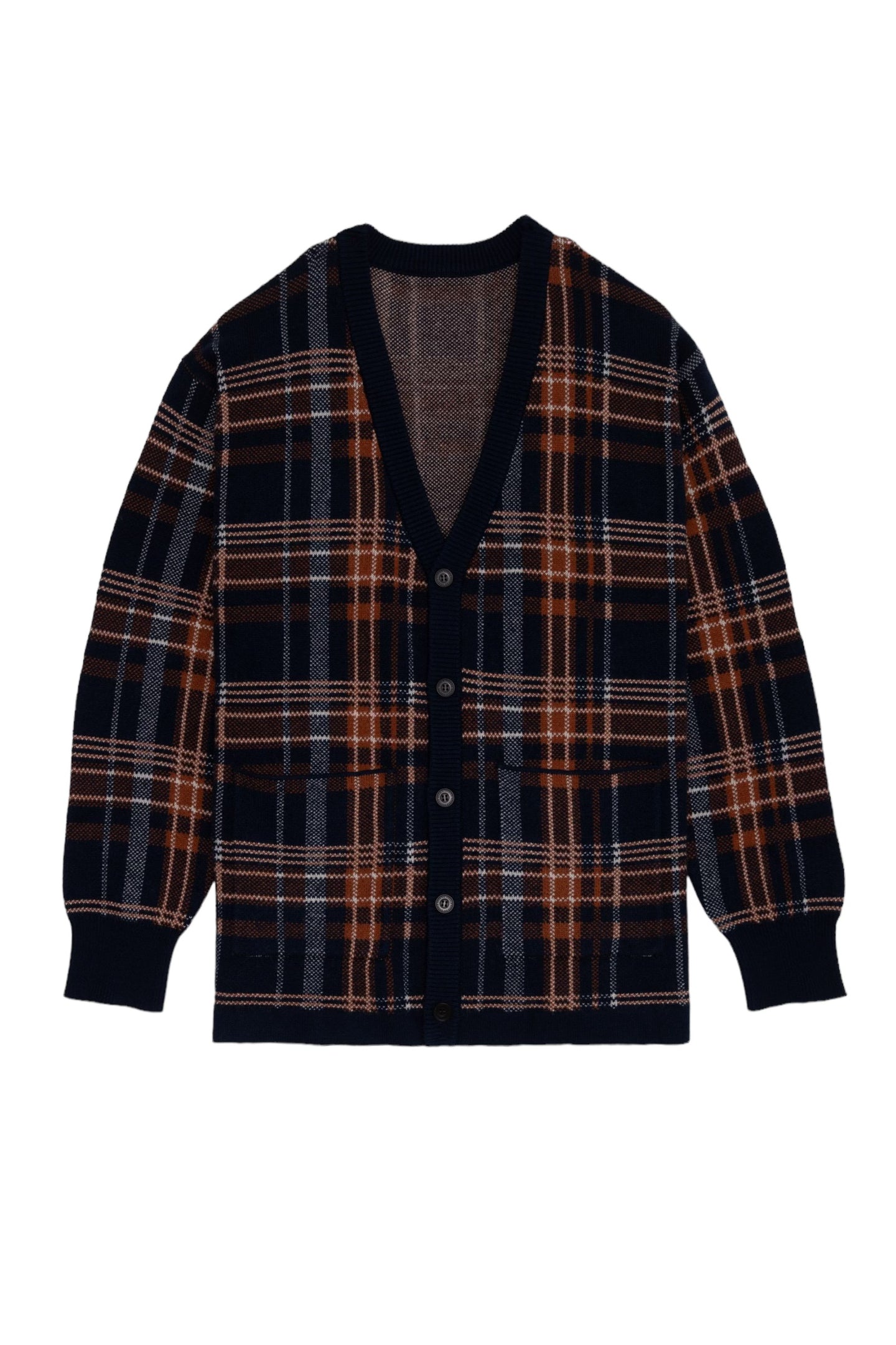 446-Leather Emblem Checked Knit Cardigan Navy Check