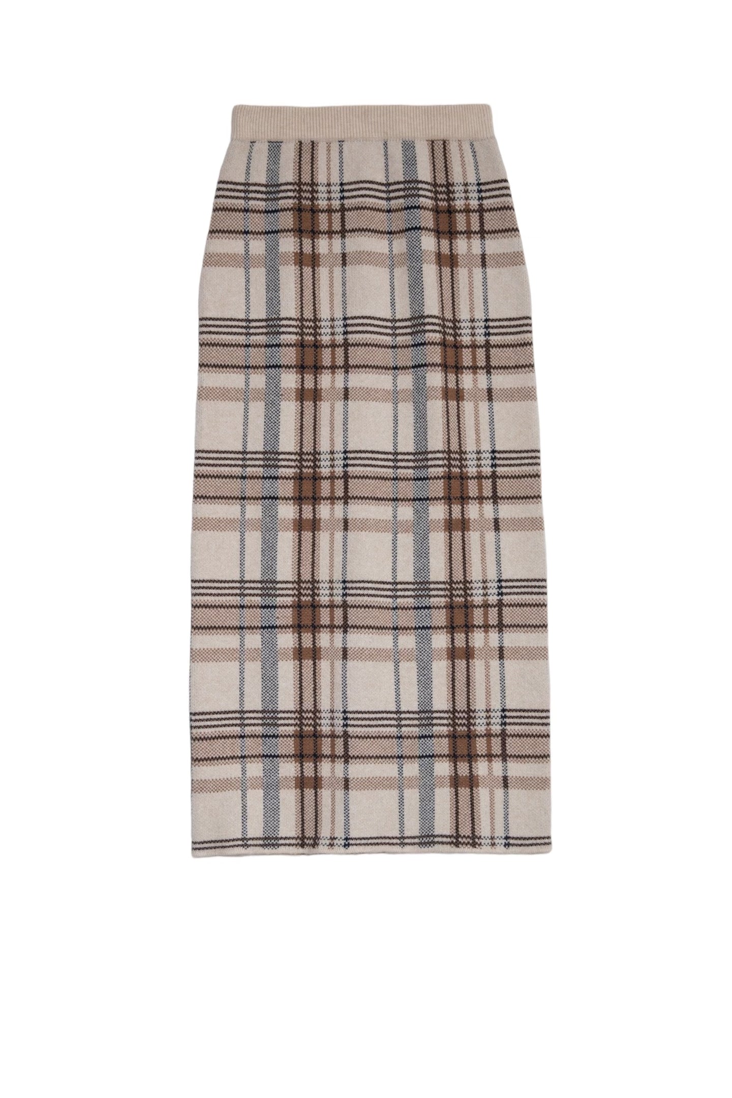Checked Knit I-line Long Skirt Beige Check